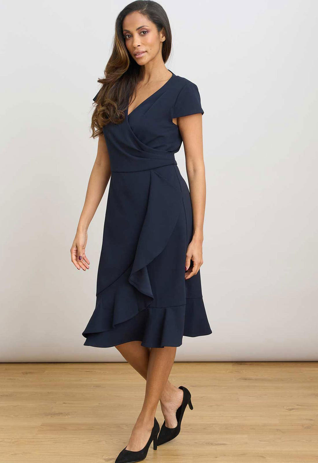 Gina Bacconi NAVY Ruffle Hem Crepe Dress