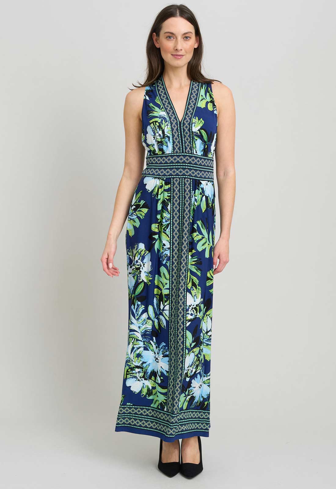 Gina Bacconi NAVY / MULTI Marisa V Neck Sleeveless Maxi Dress