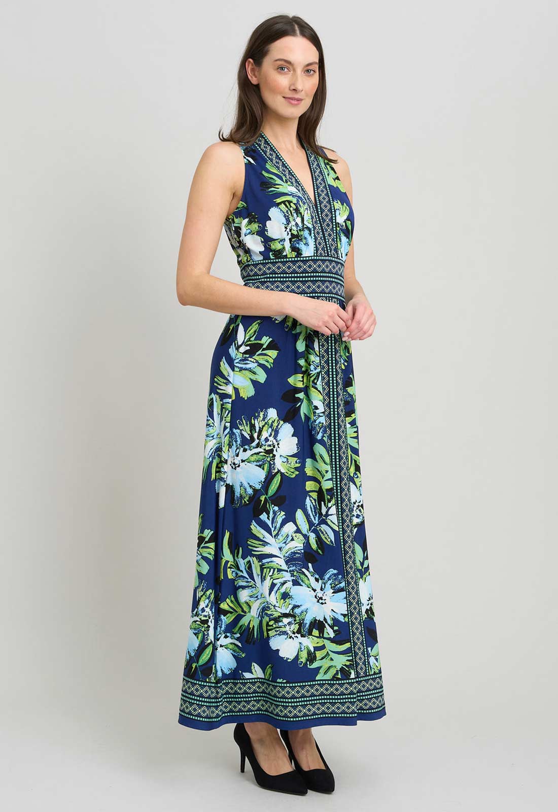 Gina Bacconi NAVY / MULTI Marisa V Neck Sleeveless Maxi Dress