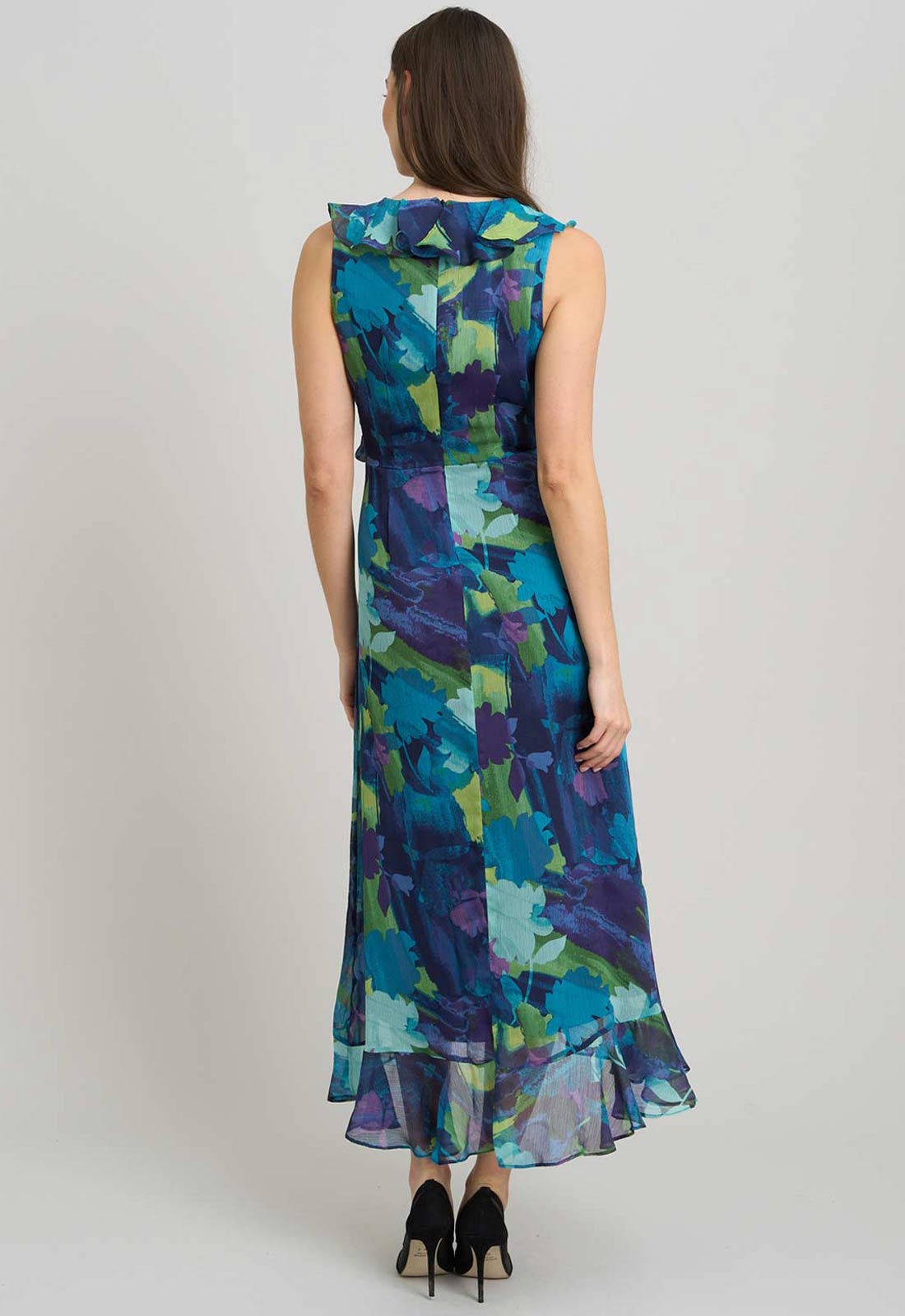 Gina Bacconi BLUE Marlee Side Tie Ruffle Print Dress