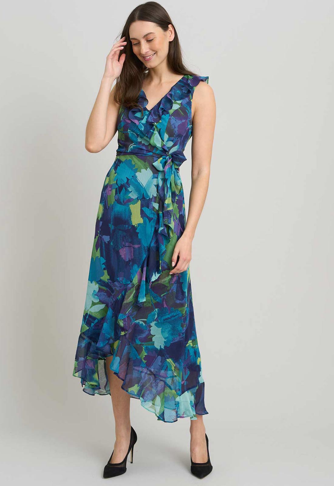 Gina Bacconi BLUE Marlee Side Tie Ruffle Print Dress
