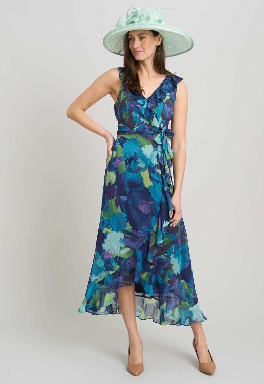 Gina Bacconi BLUE Marlee Side Tie Ruffle Print Dress