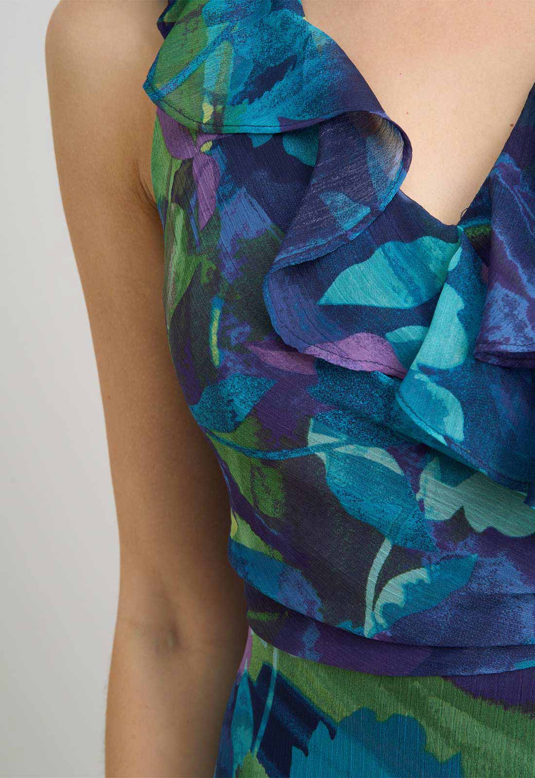 Gina Bacconi BLUE Marlee Side Tie Ruffle Print Dress