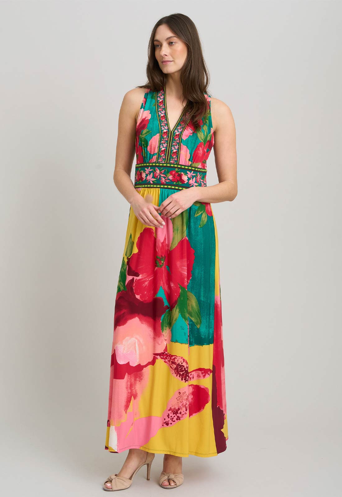 Gina Bacconi MULTI Marta V Neck Sleeveless Maxi Dress