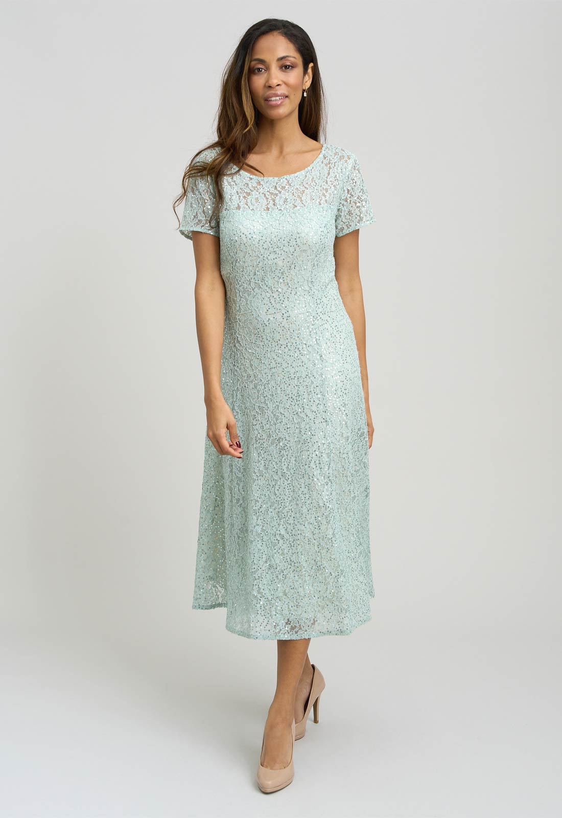 Gina Bacconi SAGE Genny Cap Sleeve Midi Length Sequin Lace Dress