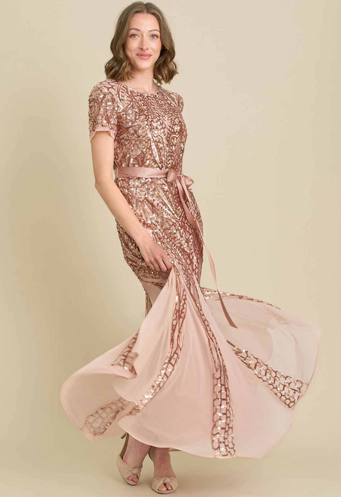 Gina Bacconi ROSE GOLD Monique Embroidered Sequin Godet Maxi Dress