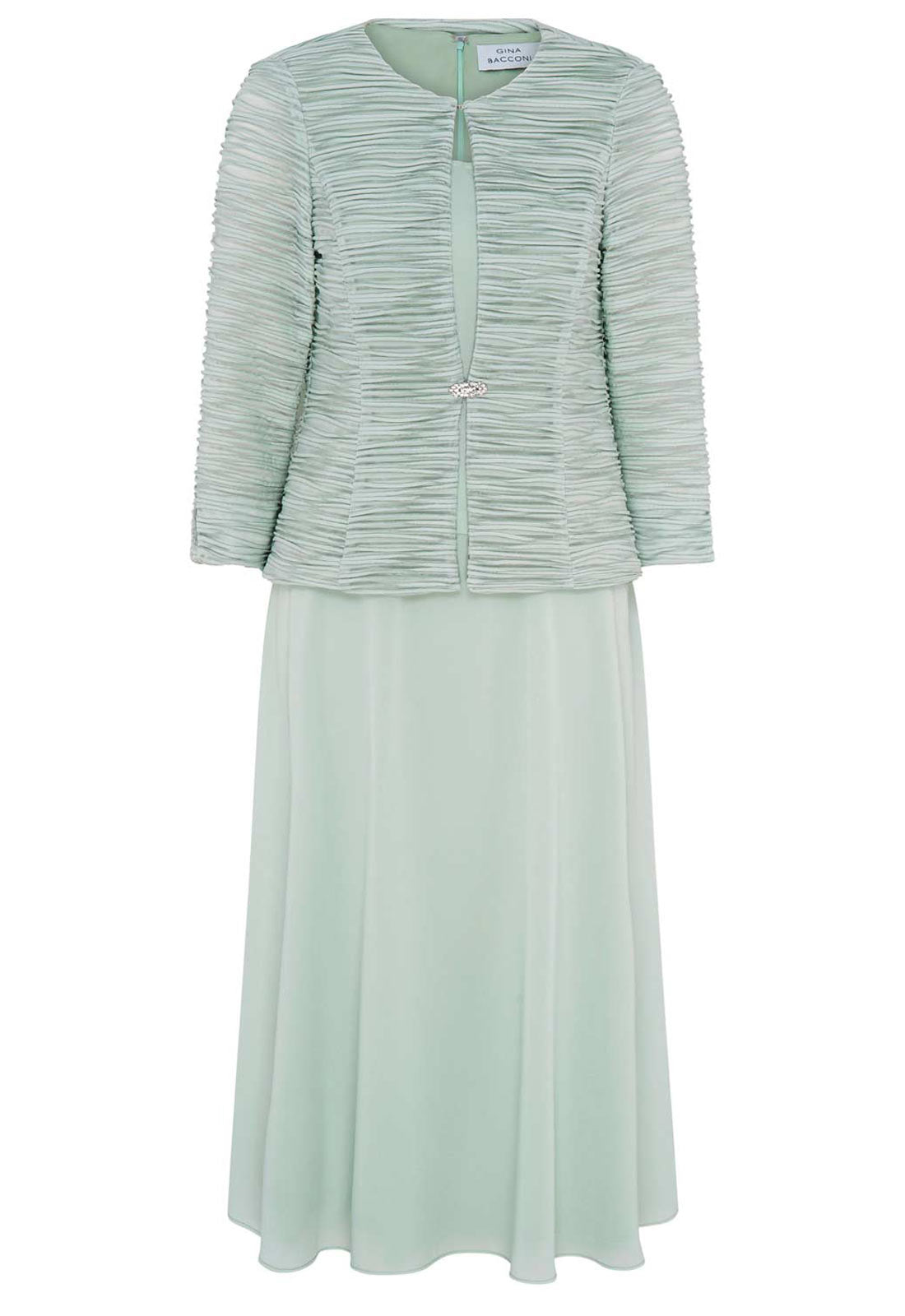 Mint green dress with matching jacket on a white background