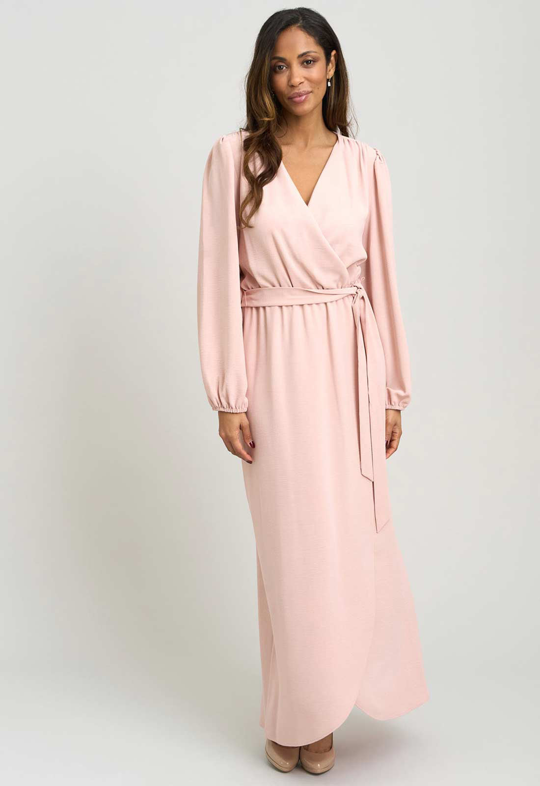 Gina Bacconi BLUSH Bow Wrap Long Sleeve Maxi Dress