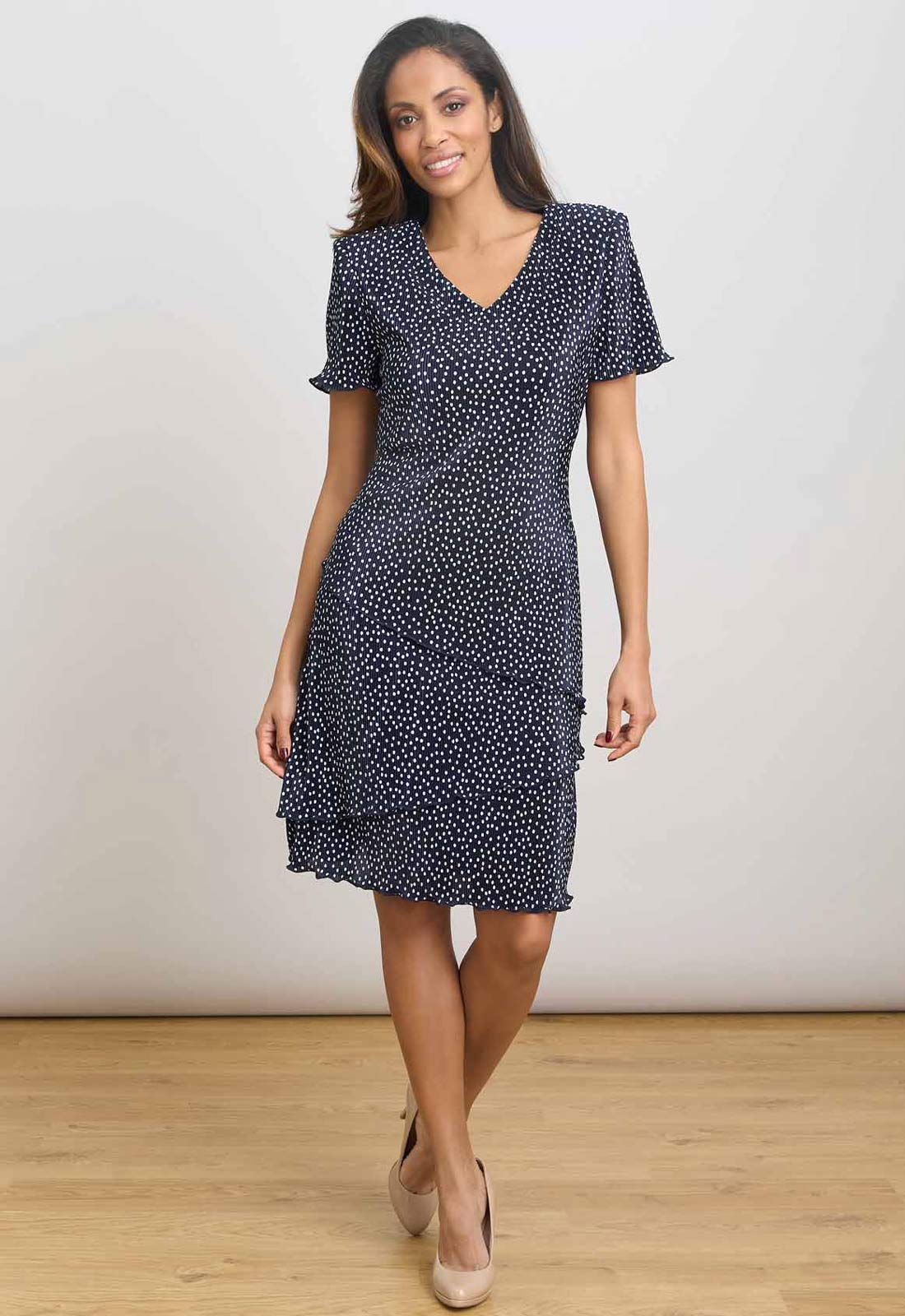 Gina Bacconi NAVY / WHITE Spot Plisse Mini Dress