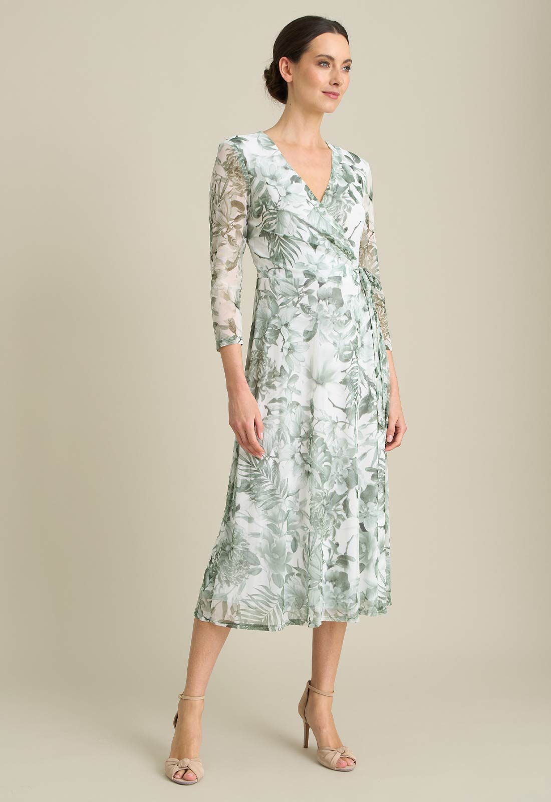 Gina Bacconi GREEN Nancie Floral Mesh Faux Wrap Dress