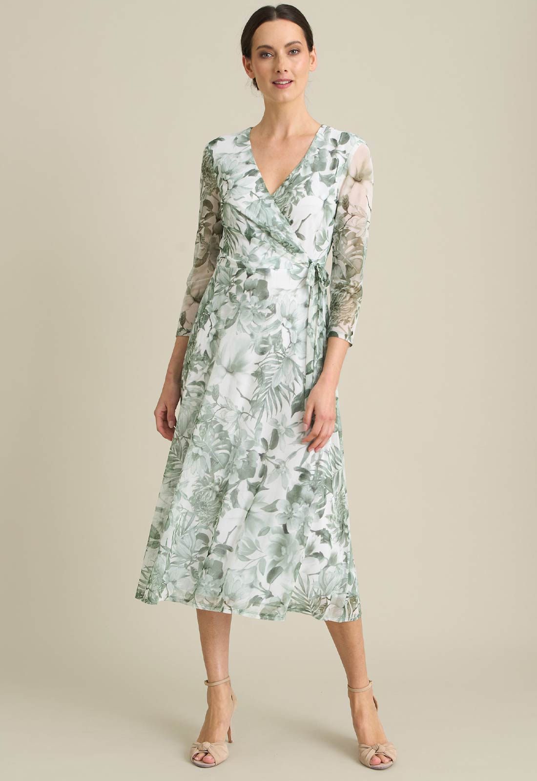 Gina Bacconi GREEN Nancie Floral Mesh Faux Wrap Dress