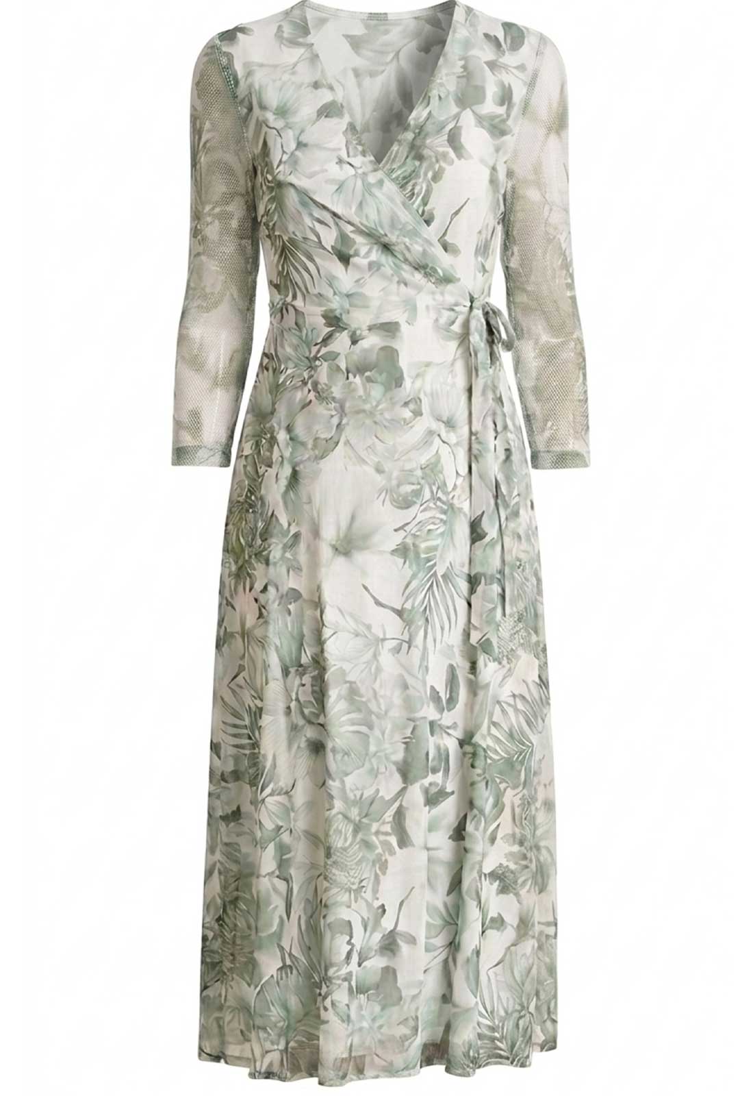 Gina Bacconi GREEN Nancie Floral Mesh Faux Wrap Dress