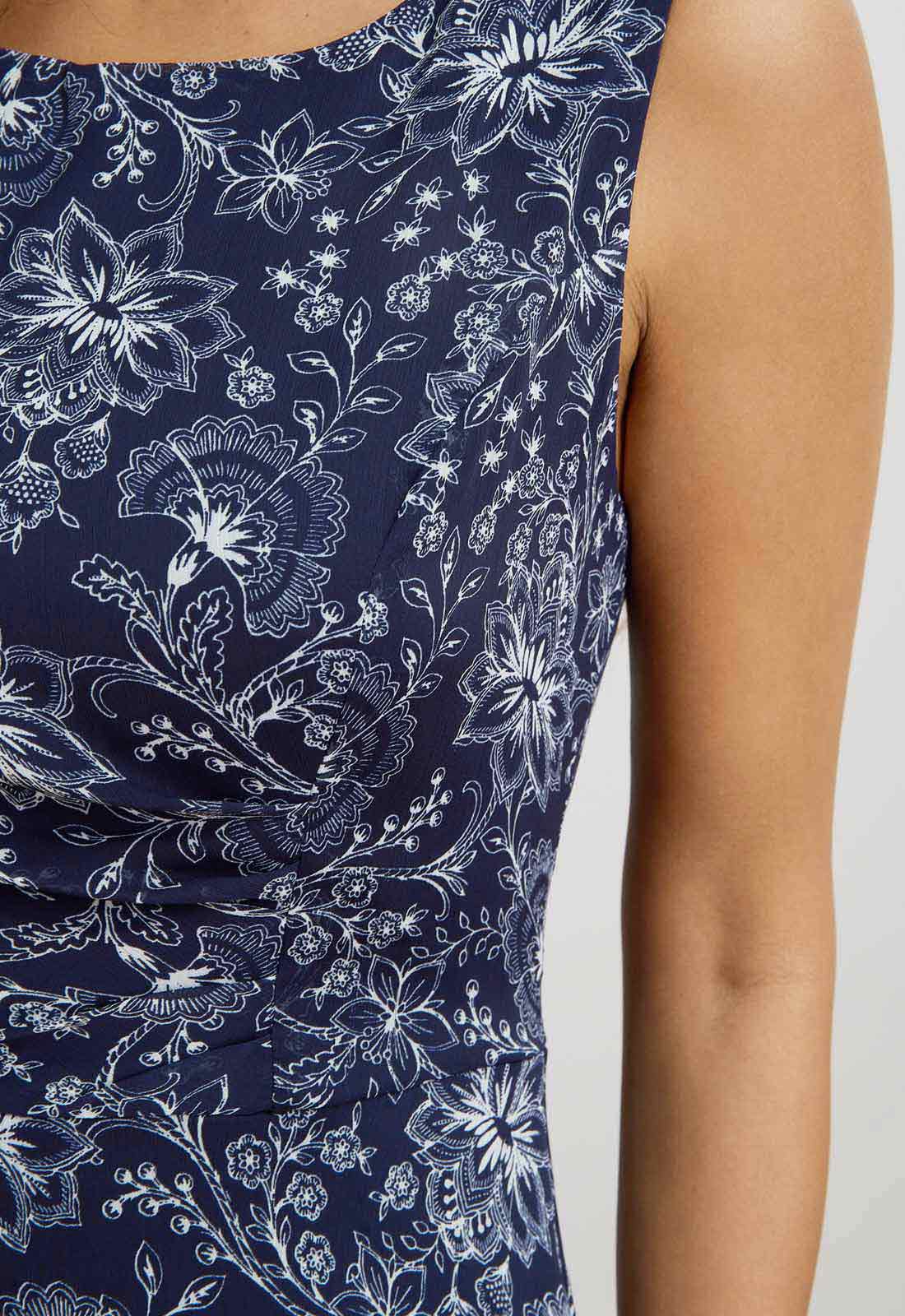 Navy blue dress with white floral pattern on a plain background