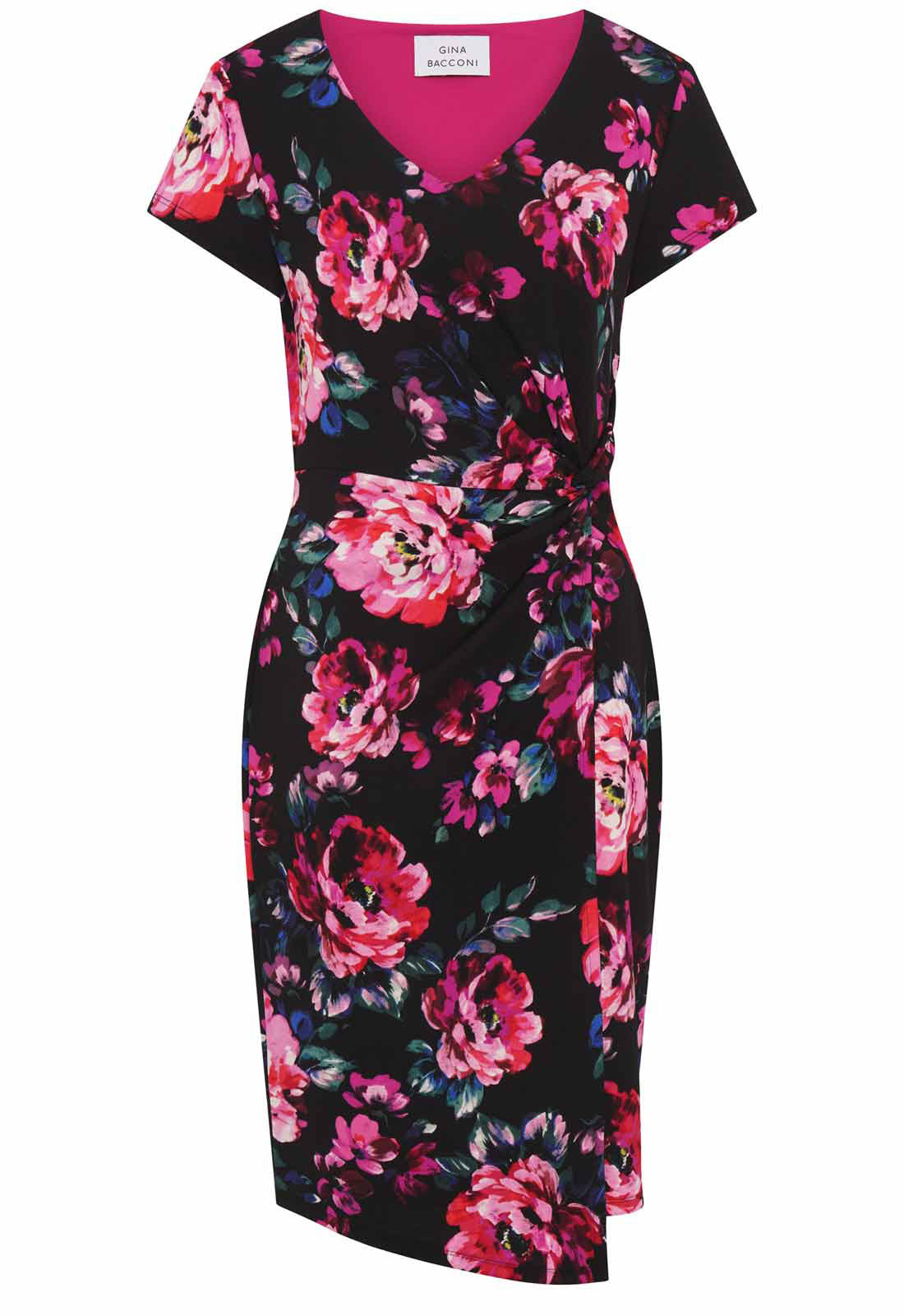 Floral dress with pink and red flowers on a black background