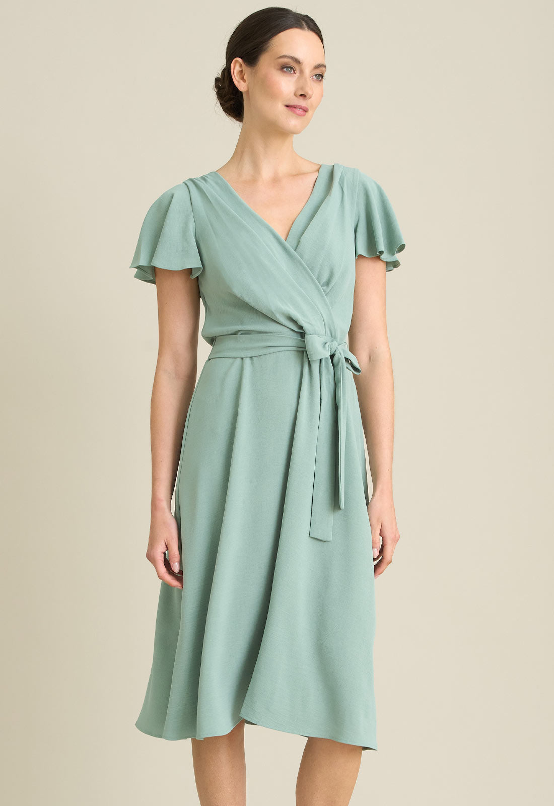 Gina Bacconi AQUA Peppa Tie Waist V Neck Faux Wrap Dress