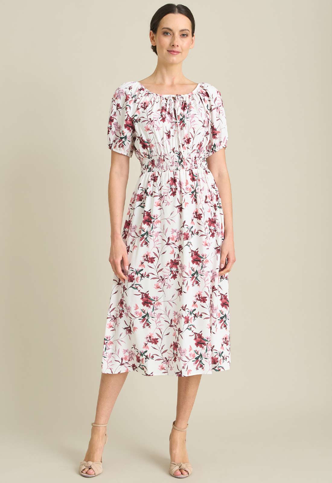 Gina Bacconi IVORY / RED Perrie Smock Waist Floral Print Dress