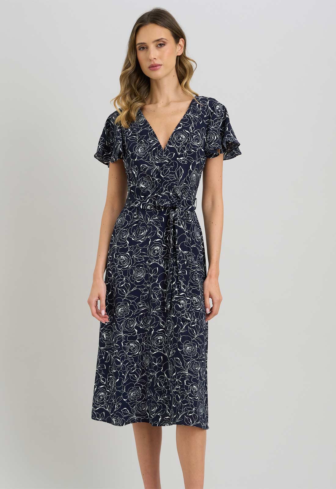 Gina Bacconi NAVY / WHITE Persia Faux Wrap Flutter Sleeve Dress