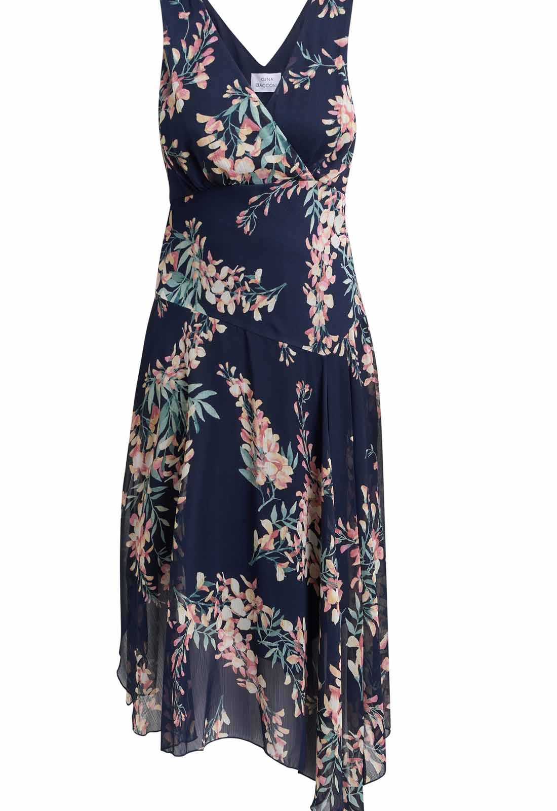 Navy floral dress on a white background