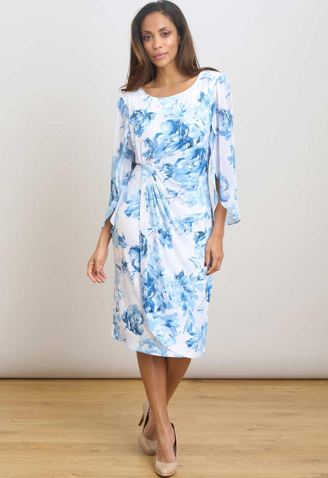 long sleeve floral blue print dress