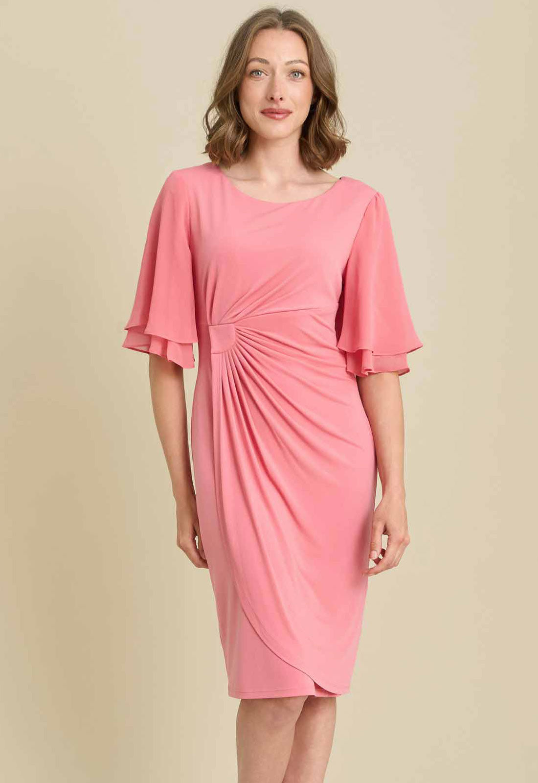 Gina Bacconi CORAL Faux Wrap Dress With Double Layer Sleeve