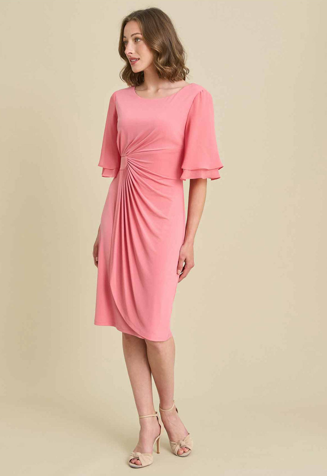 Gina Bacconi CORAL Faux Wrap Dress With Double Layer Sleeve