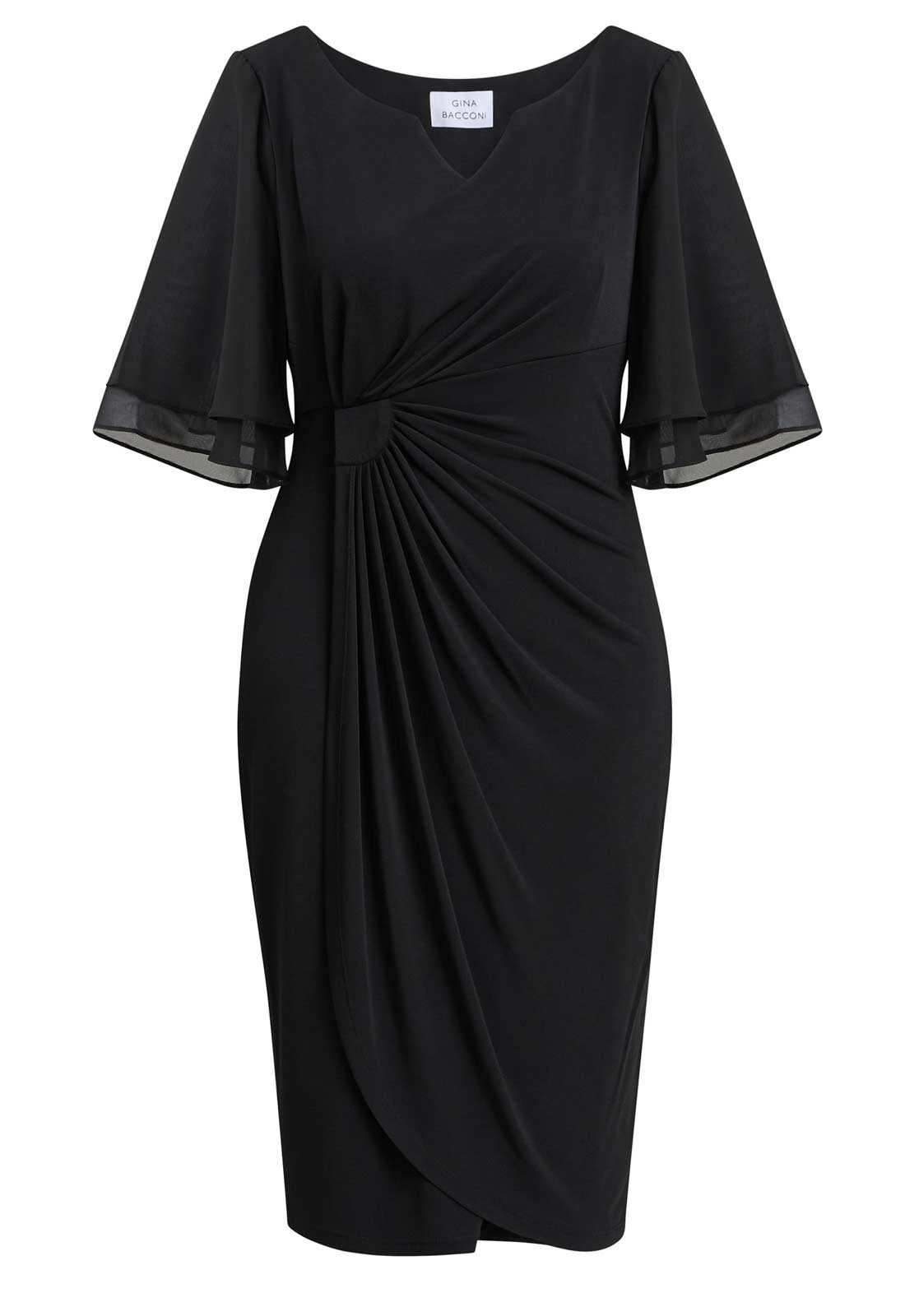 Black dress with sheer sleeves on a white background