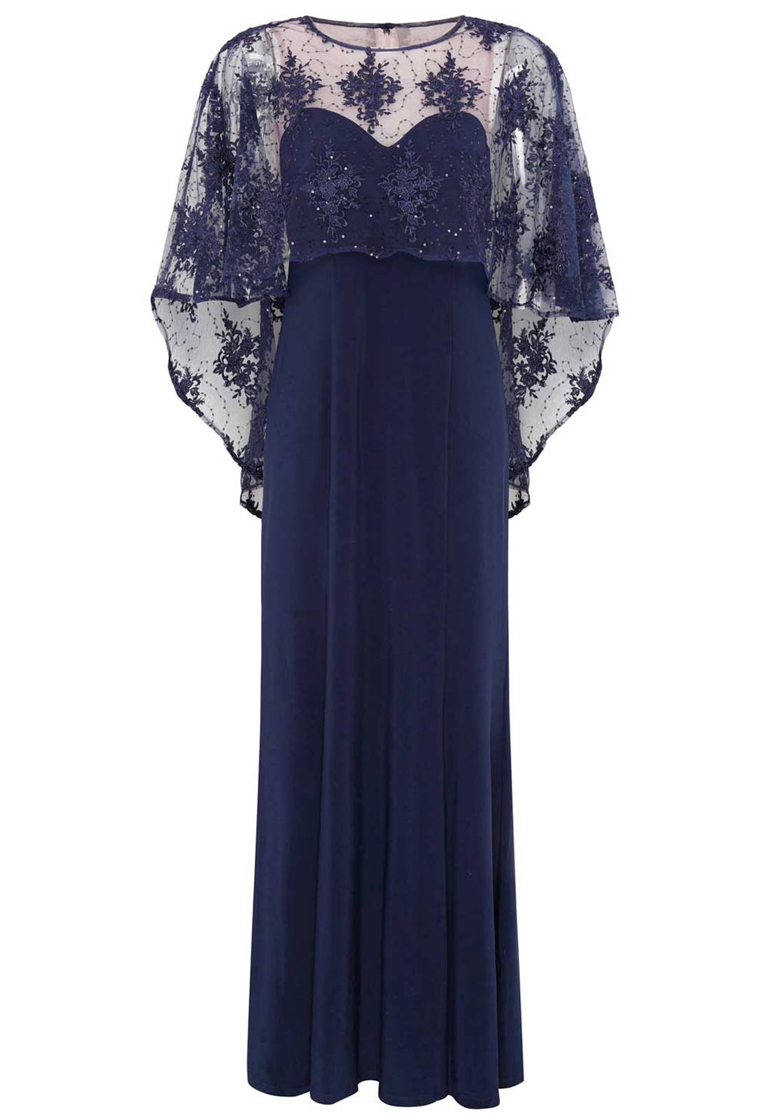 Navy blue evening gown with sheer lace sleeves on a white background