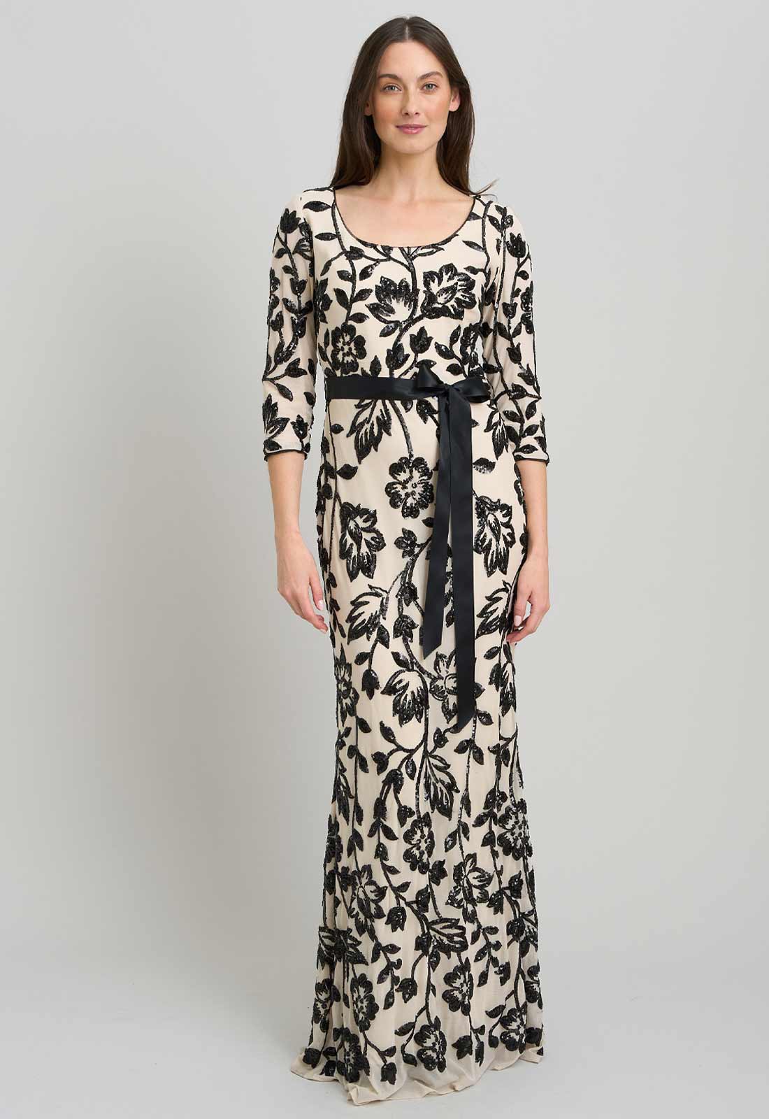 Gina Bacconi CHAMPAGNE / BLACK Murphy Embroidered Sequin Maxi Dress