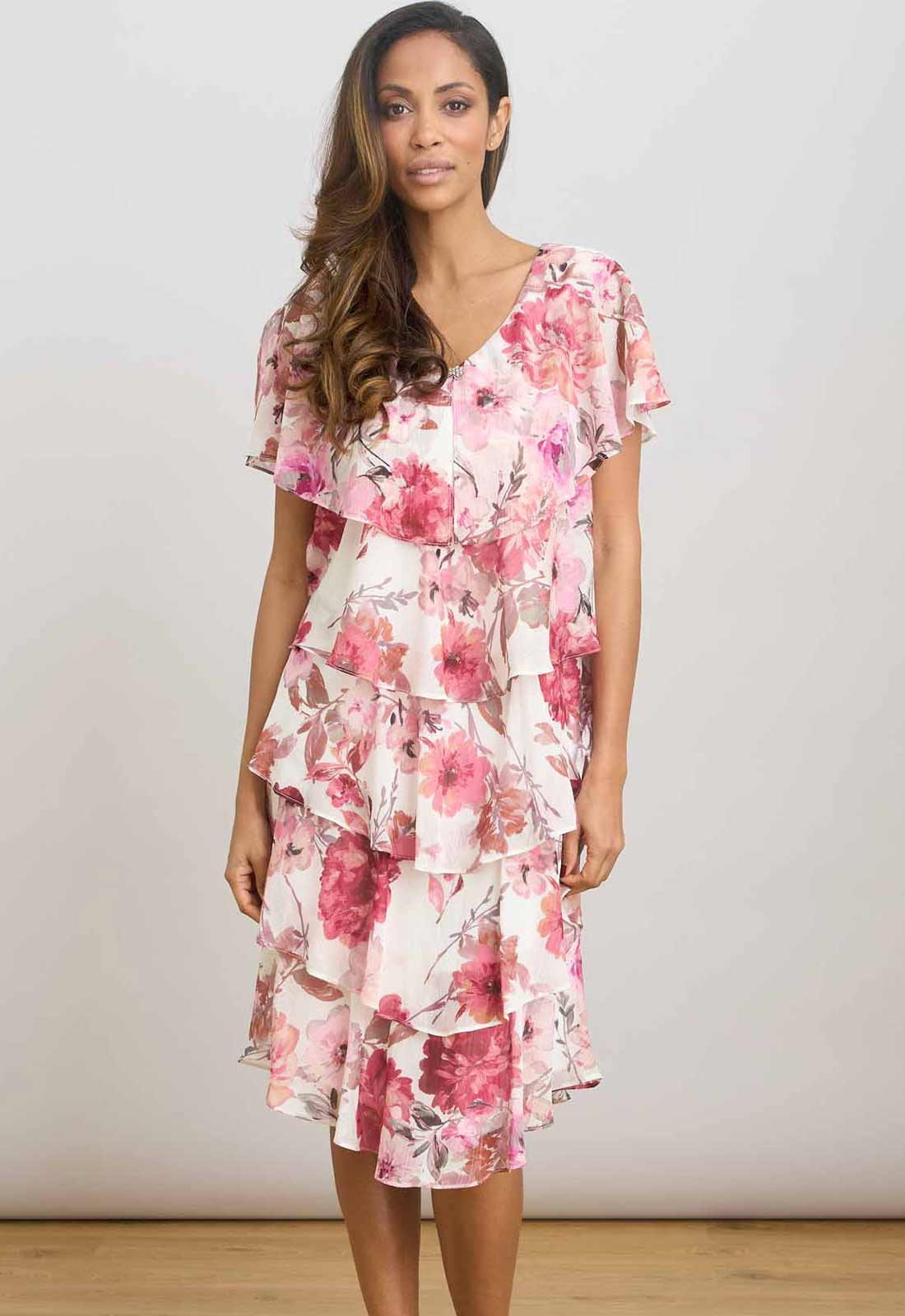 Gina Bacconi PINK Rei Tiered Floral Dress