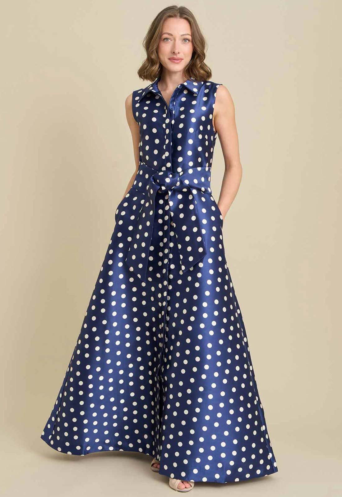 Gina Bacconi NAVY / WHITE Romi Polka Dot Belt Tie Maxi Dress