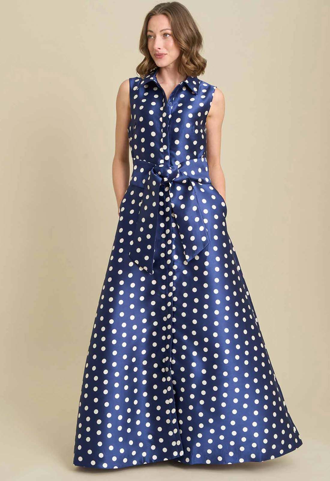Gina Bacconi NAVY / WHITE Romi Polka Dot Belt Tie Maxi Dress