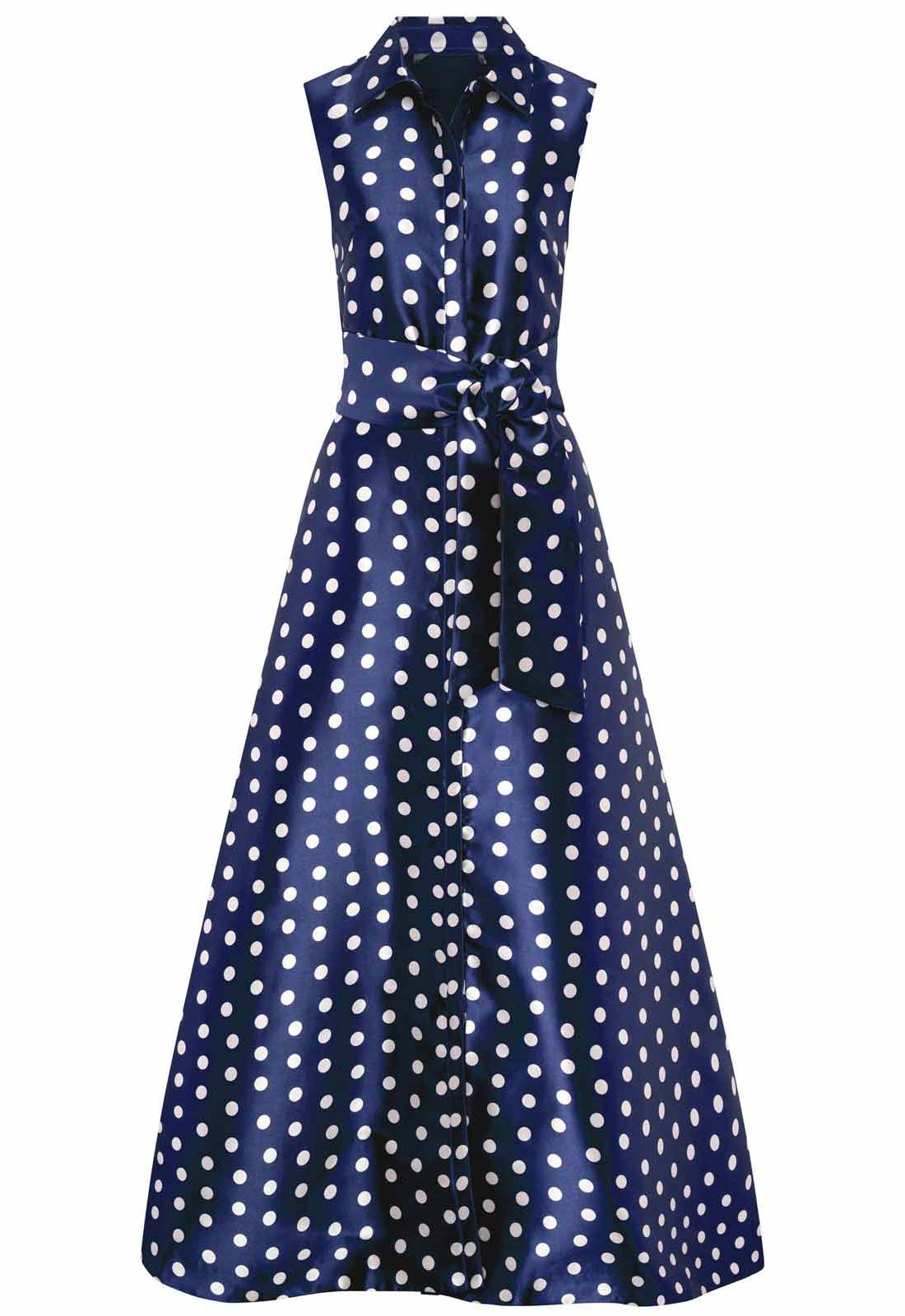 Gina Bacconi NAVY / WHITE Romi Polka Dot Belt Tie Maxi Dress