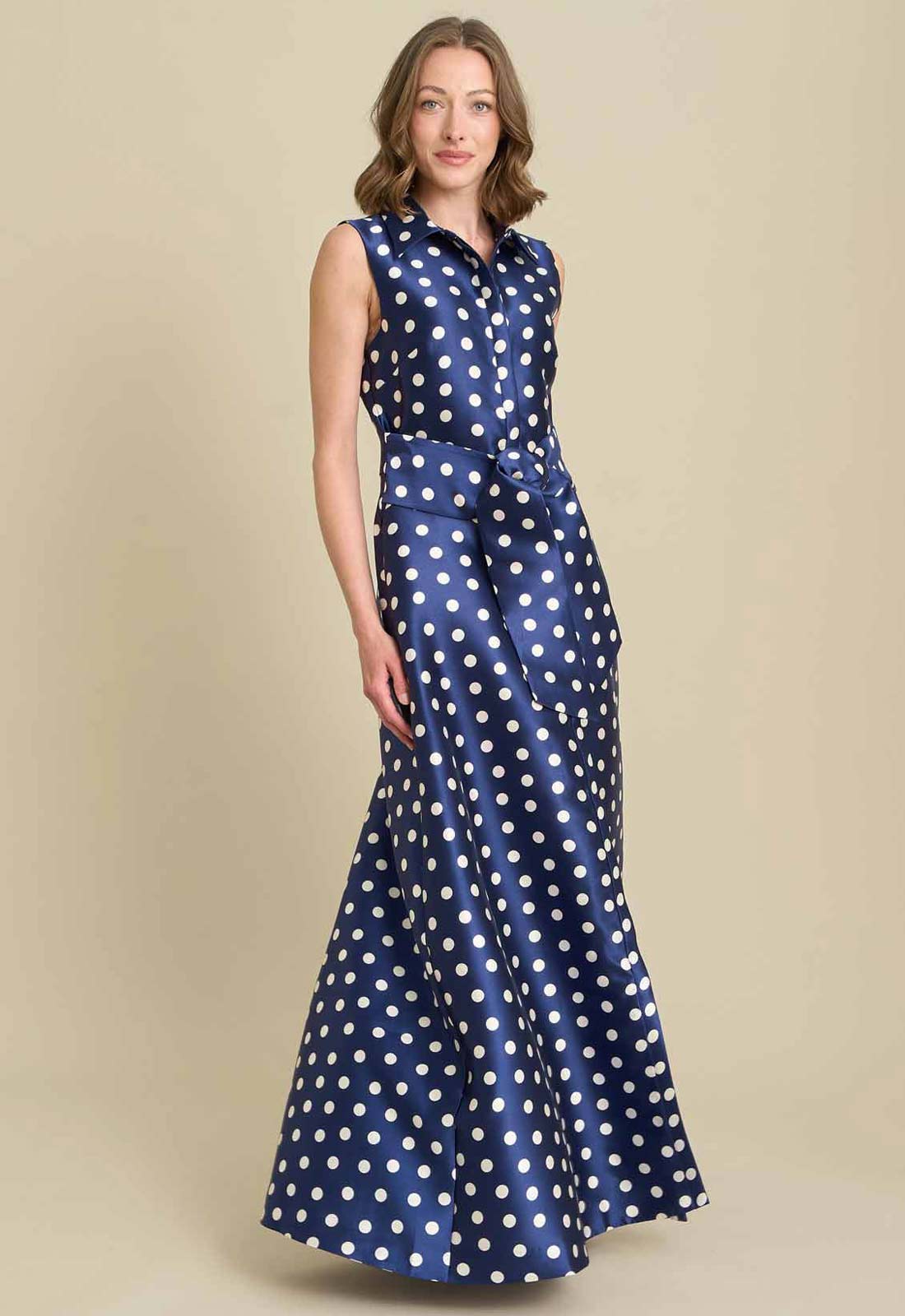 Gina Bacconi NAVY / WHITE Romi Polka Dot Belt Tie Maxi Dress