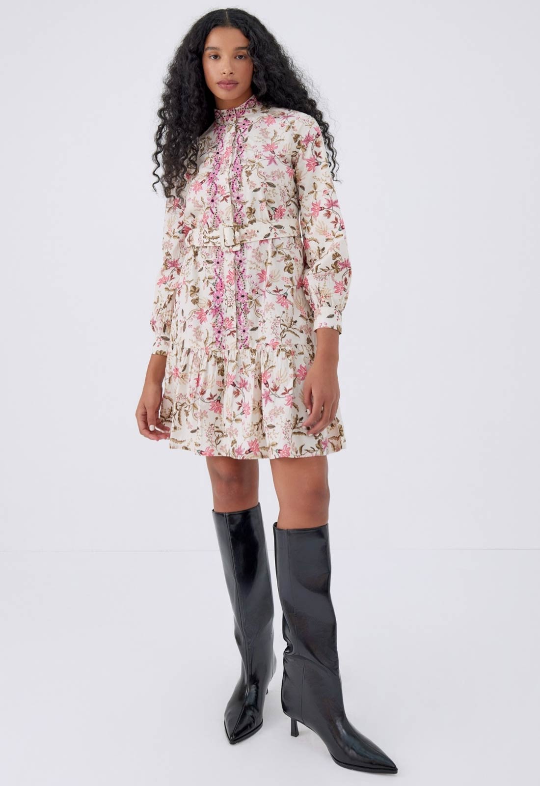 Cream printed dress worn with boots