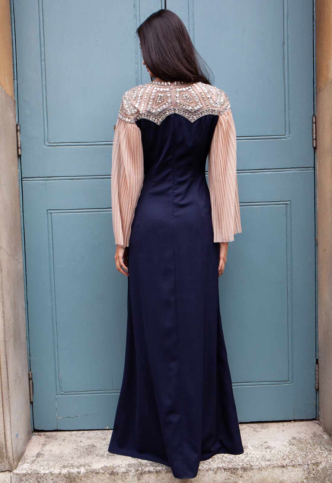 Raishma Navy and Nude Sandy Embellished Maxi Dress
