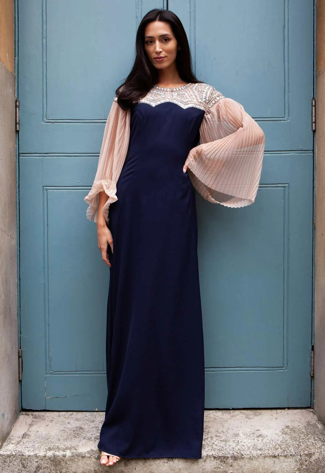 Raishma Navy and Nude Sandy Embellished Maxi Dress