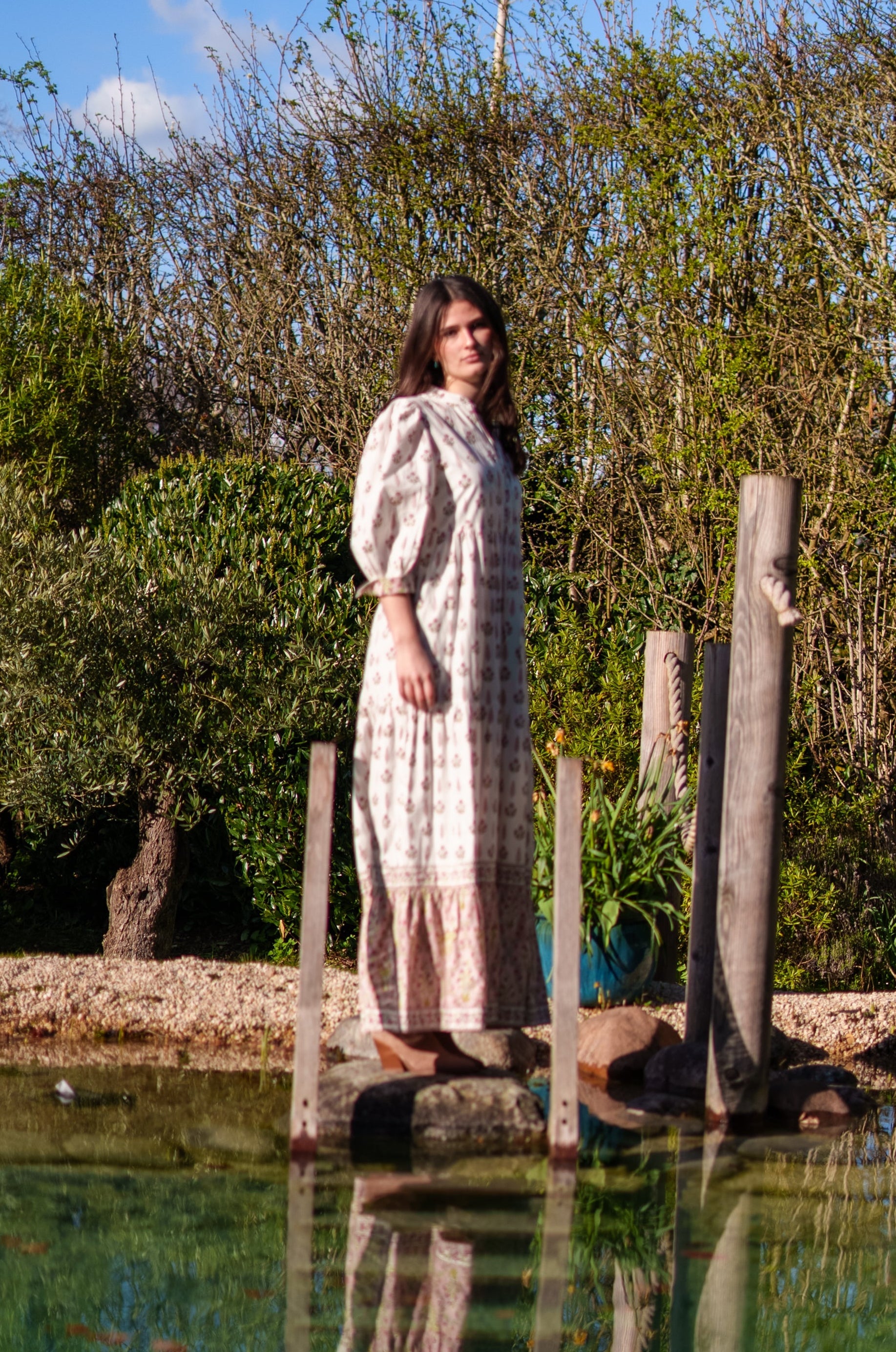 Soul Of Sita Lalita Cream Woodblock Print Maxi Dress 100% Cotton, Side Pockets And Border