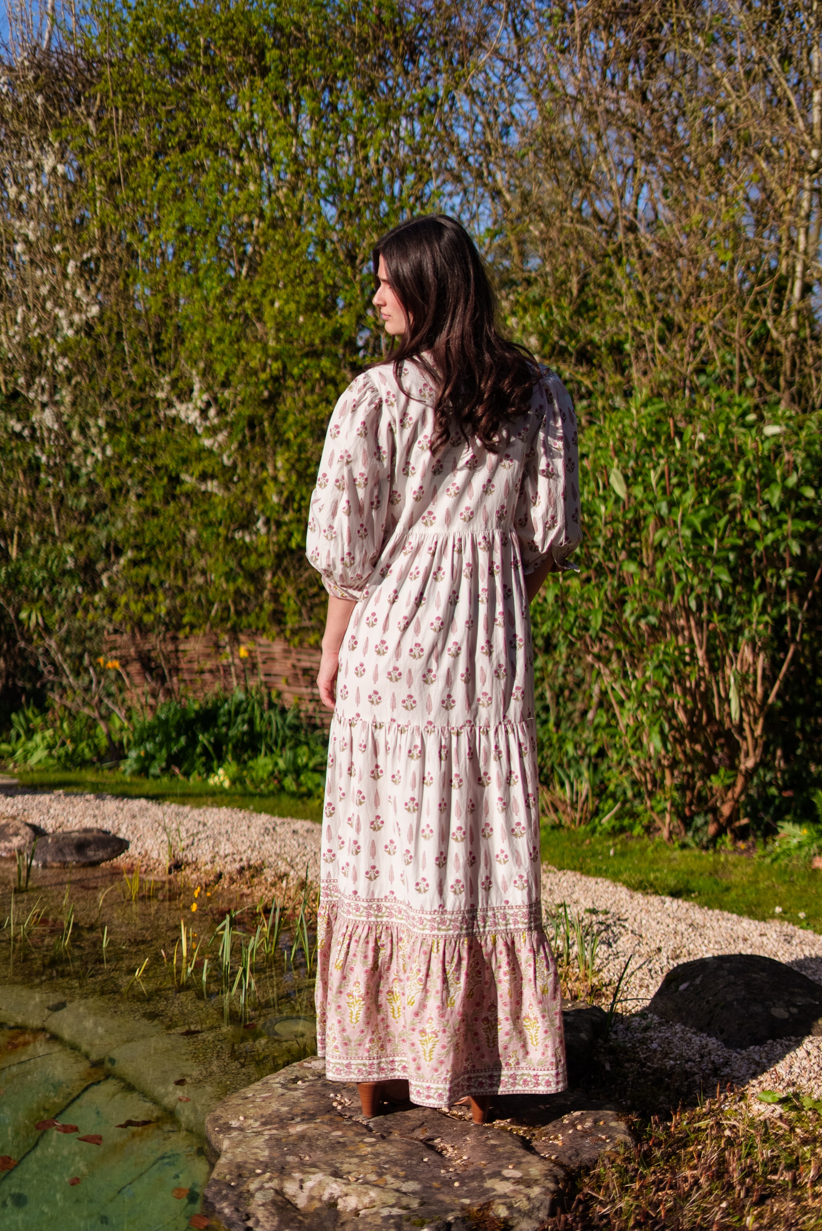 Soul Of Sita Lalita Cream Woodblock Print Maxi Dress 100% Cotton, Side Pockets And Border