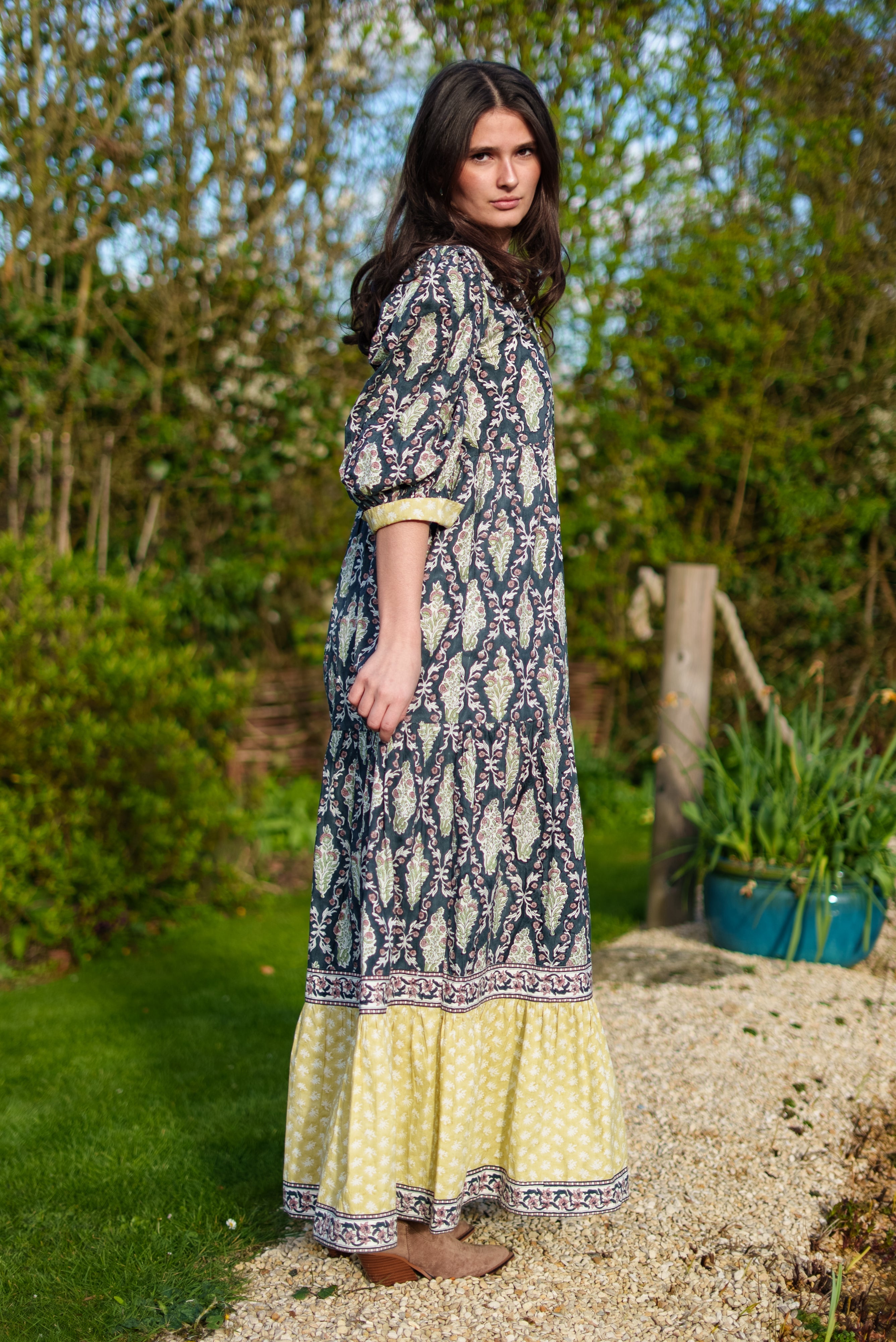 Soul Of Sita Lalita Ink Maxi Woodblock Print Dress, 100% Cotton