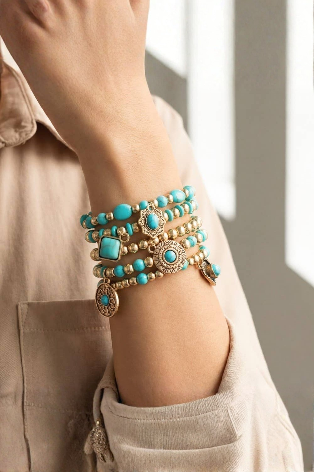 Soul Of Sita Turquoise Western Charms Beaded Bracelet Set: G