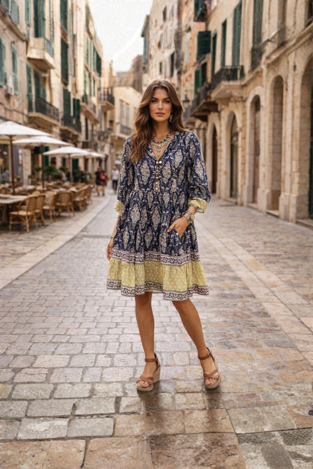 Soul Of Sita Bella Inky Knee Length Wood Block Printed Dress With Contrast Border. 100% Cotton With Pockets And Shell Buttons