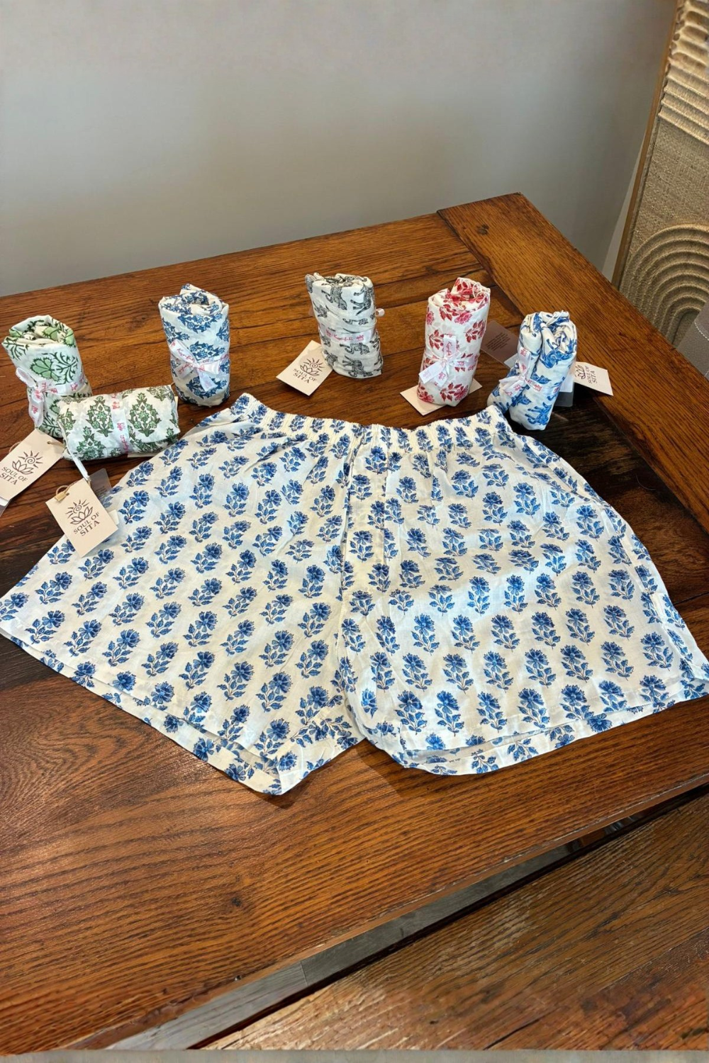 Soul Of Sita Woodblock Blue Floral Cotton Lounge Shorts