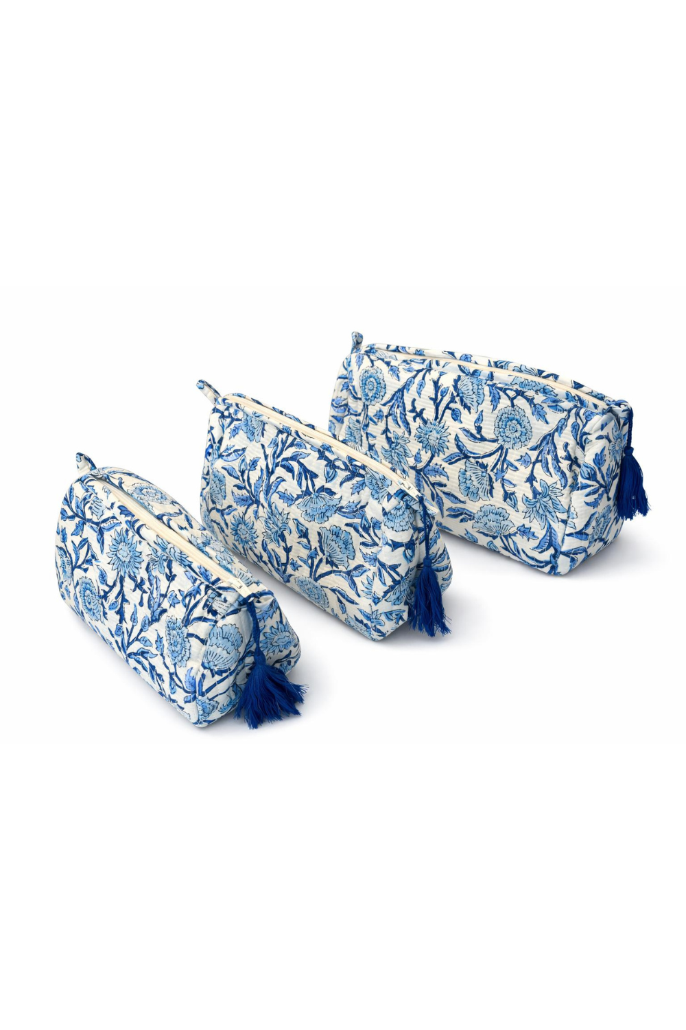 Soul Of Sita Woodblock Blue Floral Quilted Makeup Bag Set