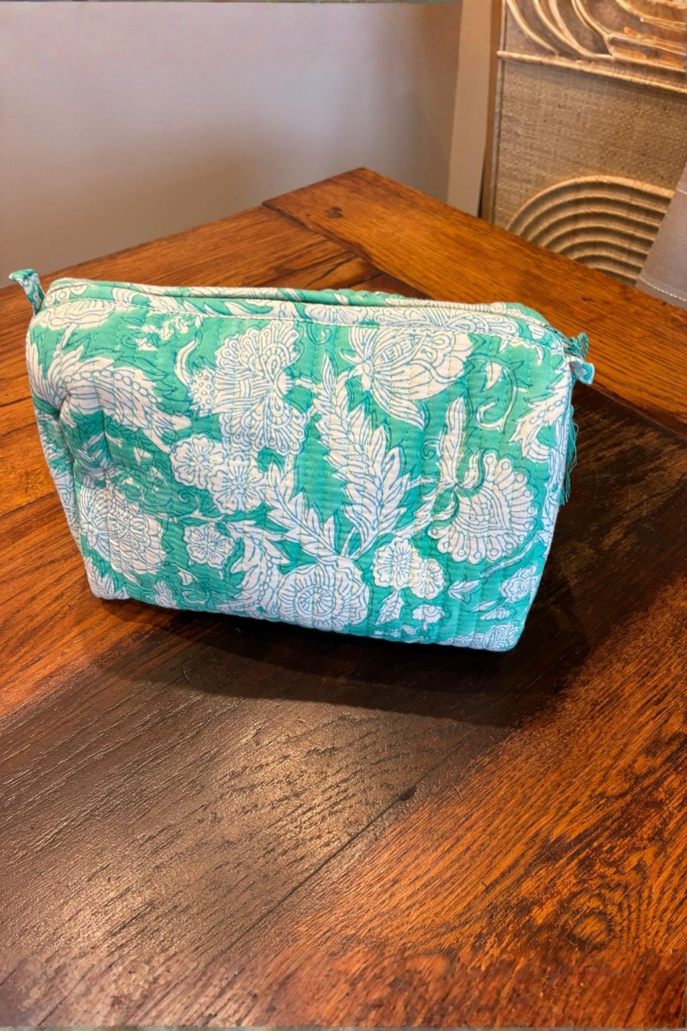 Soul Of Sita Woodblock Printed Mint Green Floral Quilted Makeup Bag