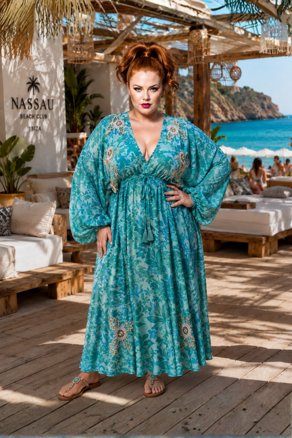 Soul Of Sita Caz Kaftan Long In Mint Green, Leaf Print With Hand Embellishment