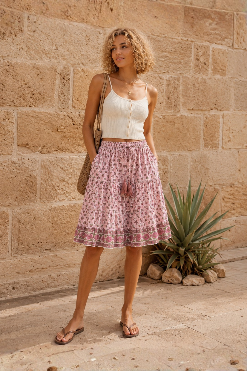 Soul Of Sita Anna Pink Knee Length Gypsy Skirt With Woodblock Print Ad Border