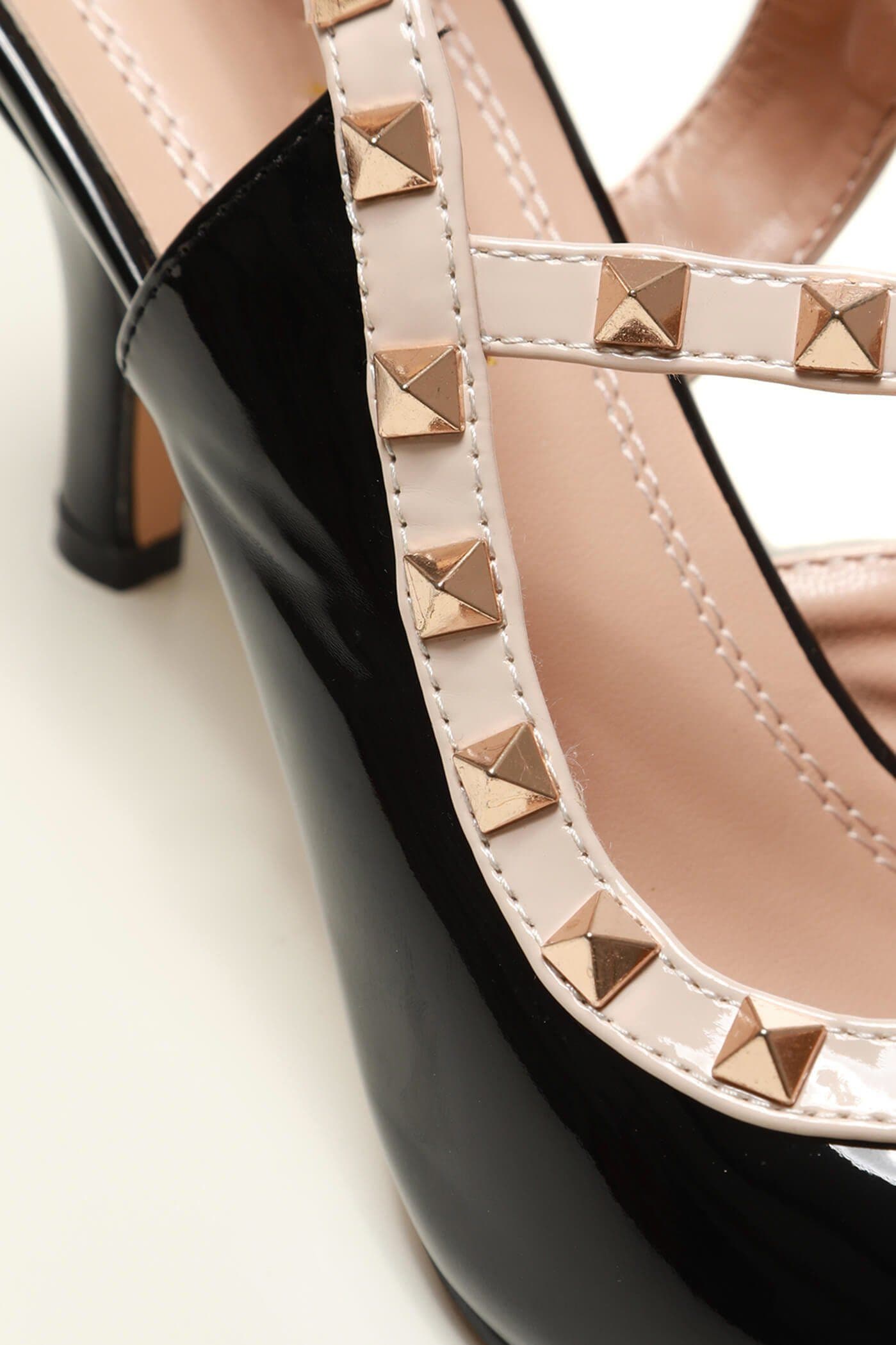 Valerie Studded Strap Gladiator Court Shoe in Black Patent