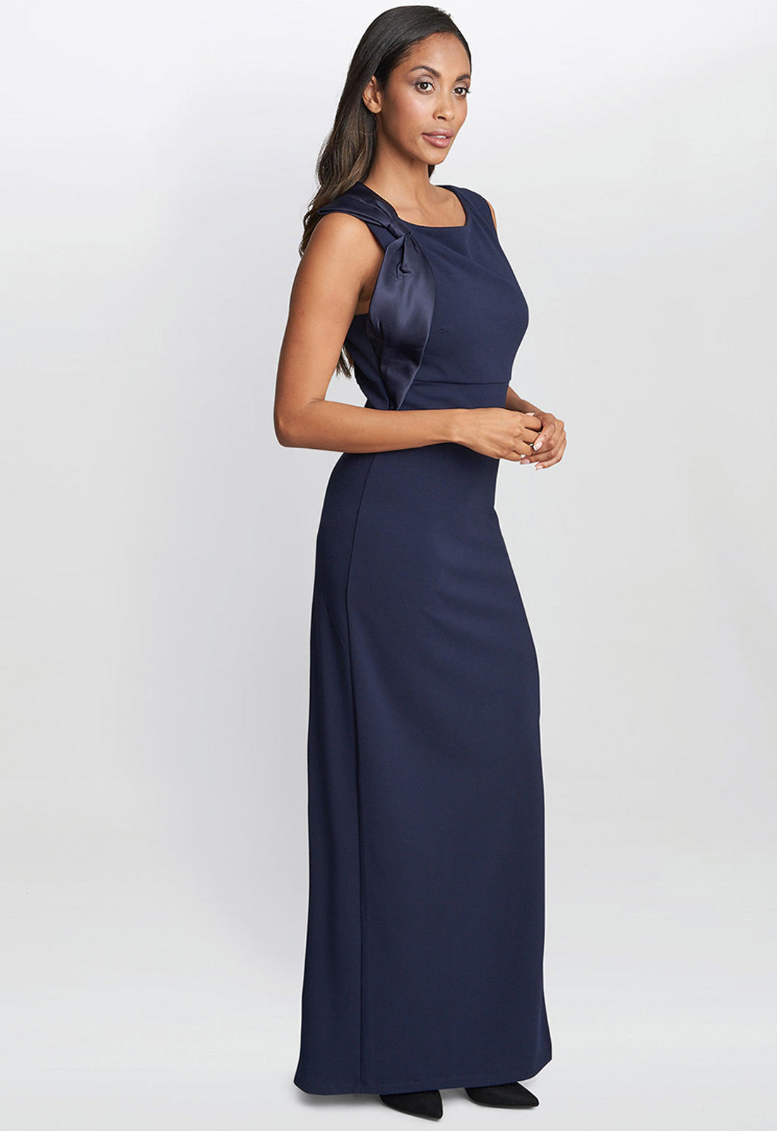 Gina Bacconi Navy Merle Bow Shoulder Maxi Dress