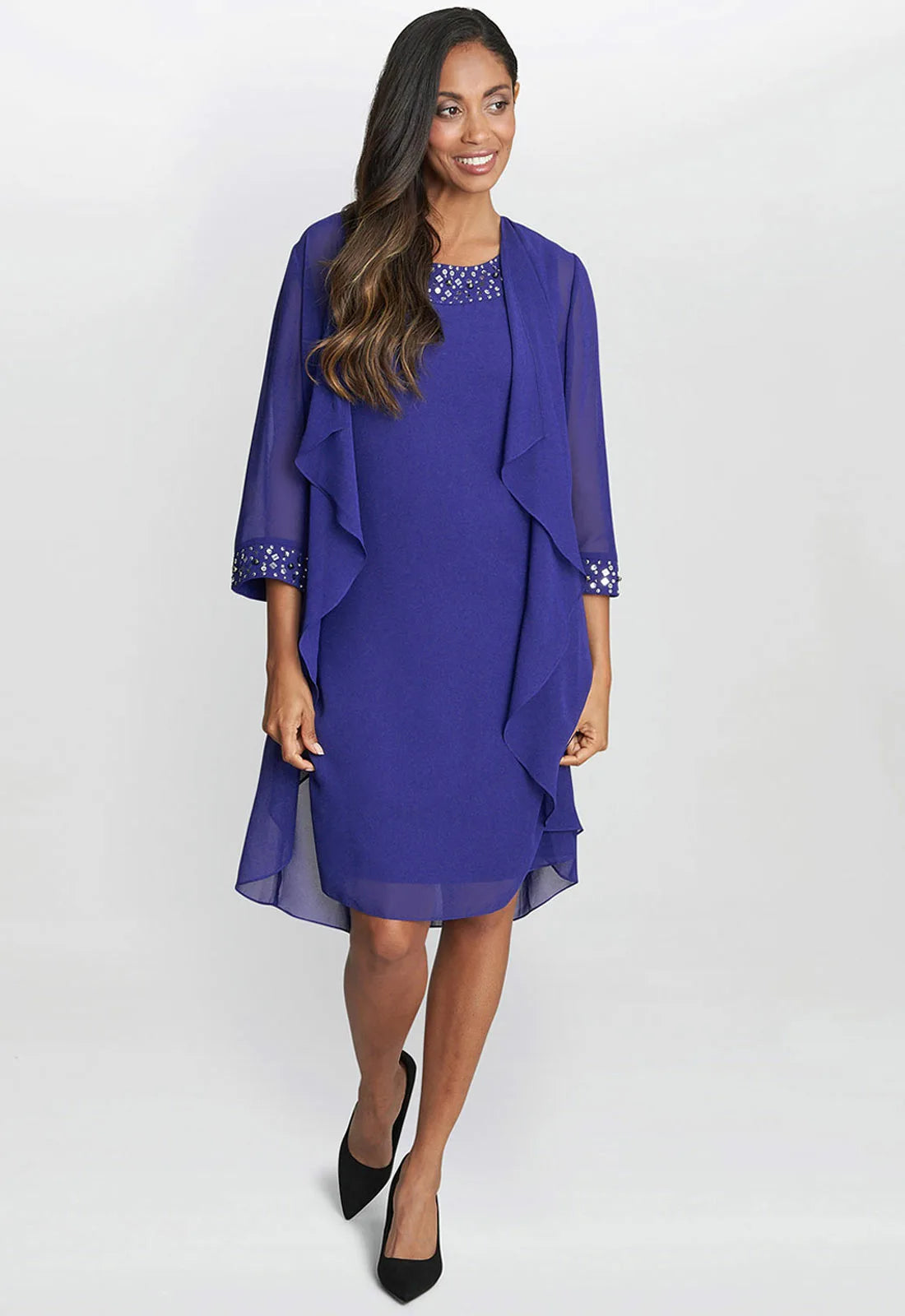 Gina Bacconi Blue Joseline Jacket Dress With Beaded Neckline