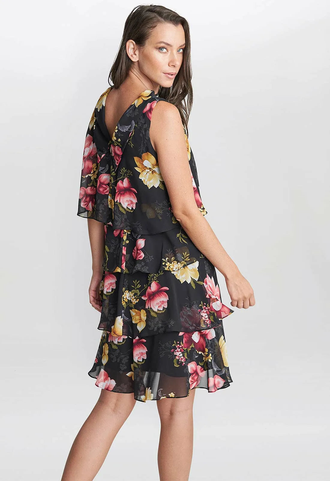 Gina Bacconi Candy Print Tiered Dress With Foldover Neckline